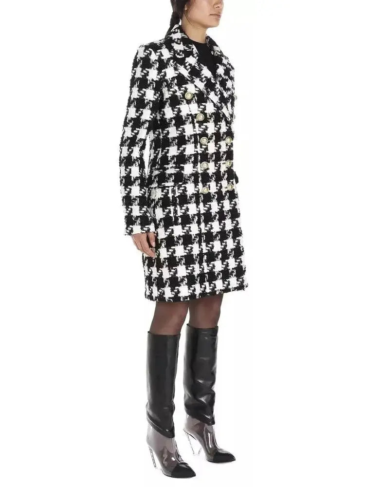 Houndstooth Double-Breasted Tweed Coat - Coats