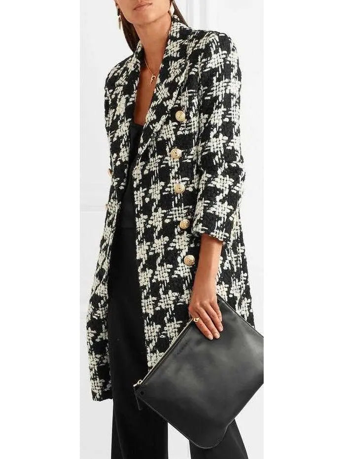 Houndstooth Double-Breasted Tweed Coat - Coats