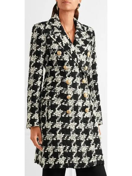 Houndstooth Double-Breasted Tweed Coat - Coats