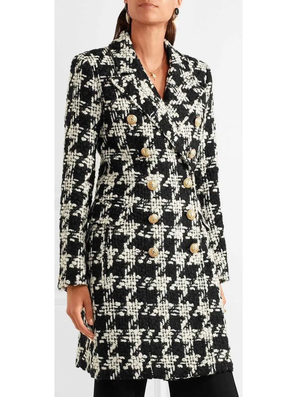 Houndstooth Double-Breasted Tweed Coat - Coats