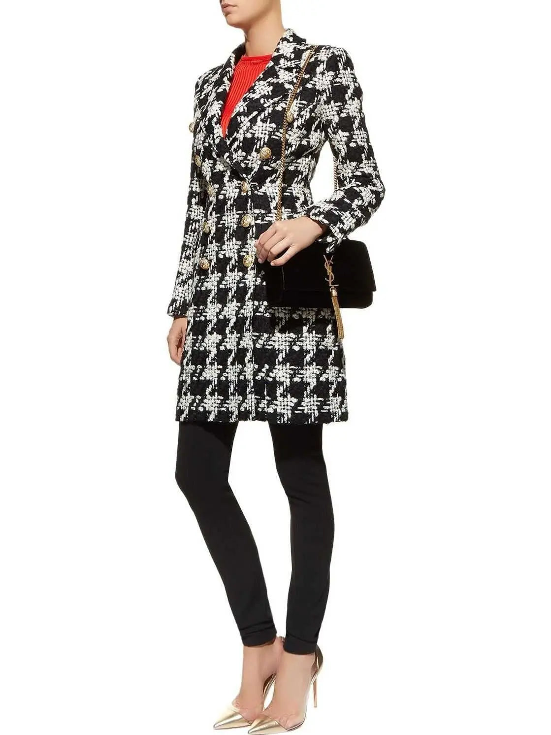 Houndstooth Double-Breasted Tweed Coat - Coats