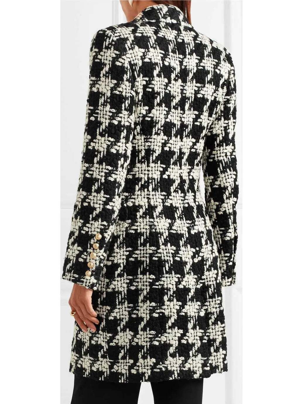 Houndstooth Double-Breasted Tweed Coat - Coats