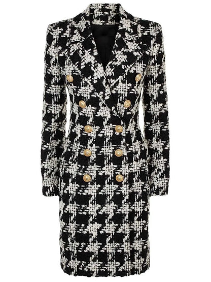 Houndstooth Double-Breasted Tweed Coat - Coats