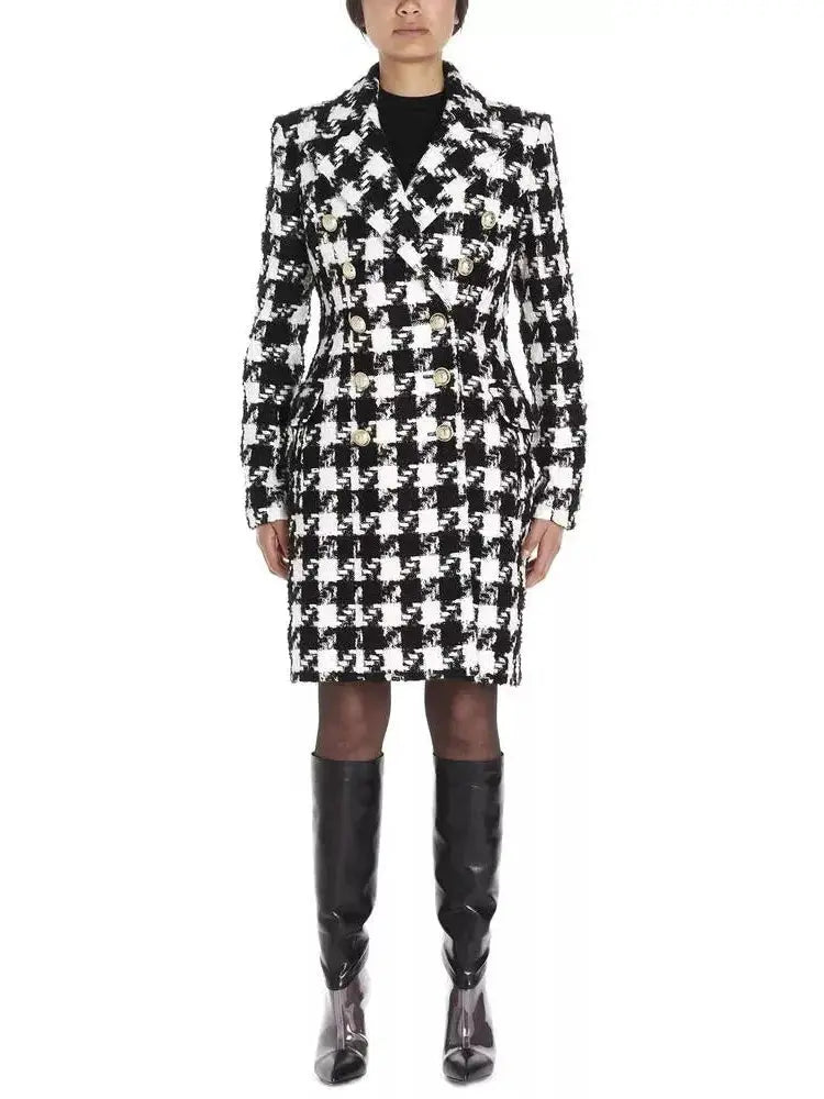 Houndstooth Double-Breasted Tweed Coat - Coats