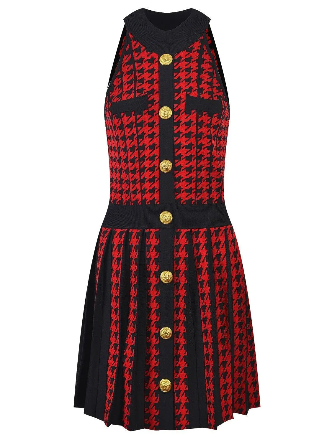 Houndstooth Pleated Mini Dress Red and Black - small - Dresses