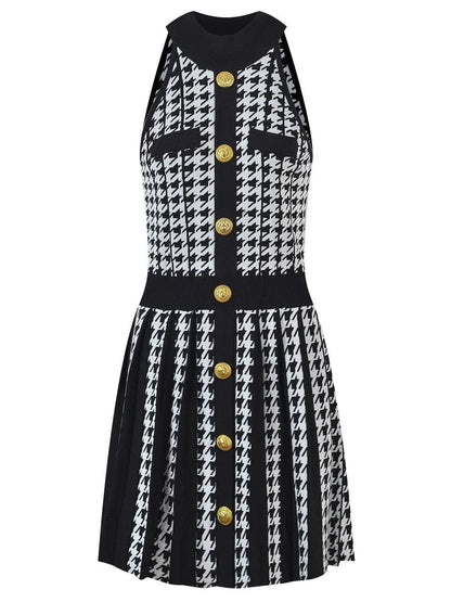 Houndstooth Pleated Mini Dress White and Black - small - Dresses