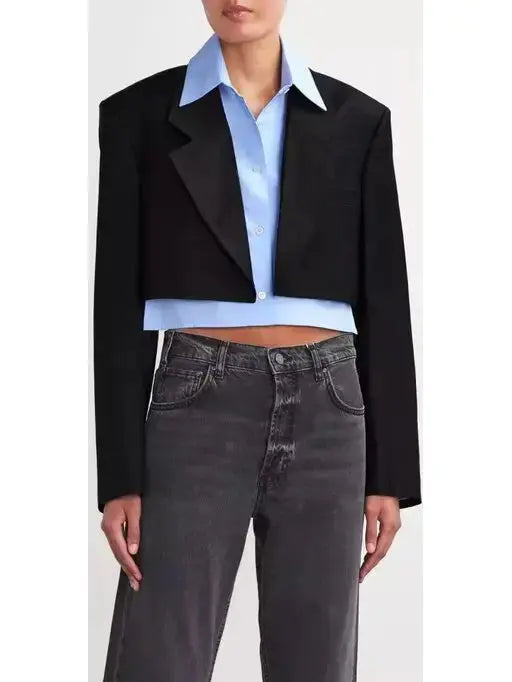 Hybrid Cropped Layered Dickey Shirt Blazer in Black and Blue - Jackets