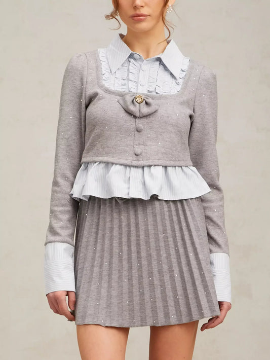 Gray pleated skirt set paired with Hybrid Ruffled Striped Grey Top for stylish outfits