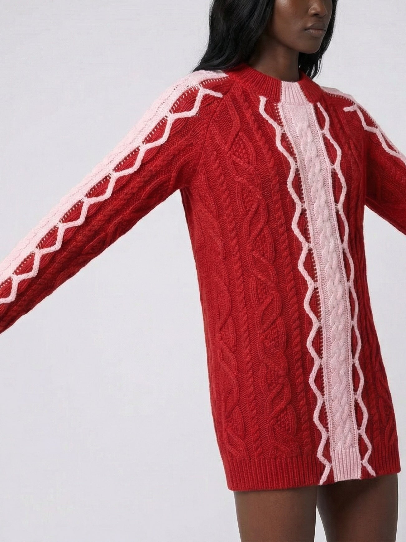 Long Cable-Knit Sweater with Contrast Panels