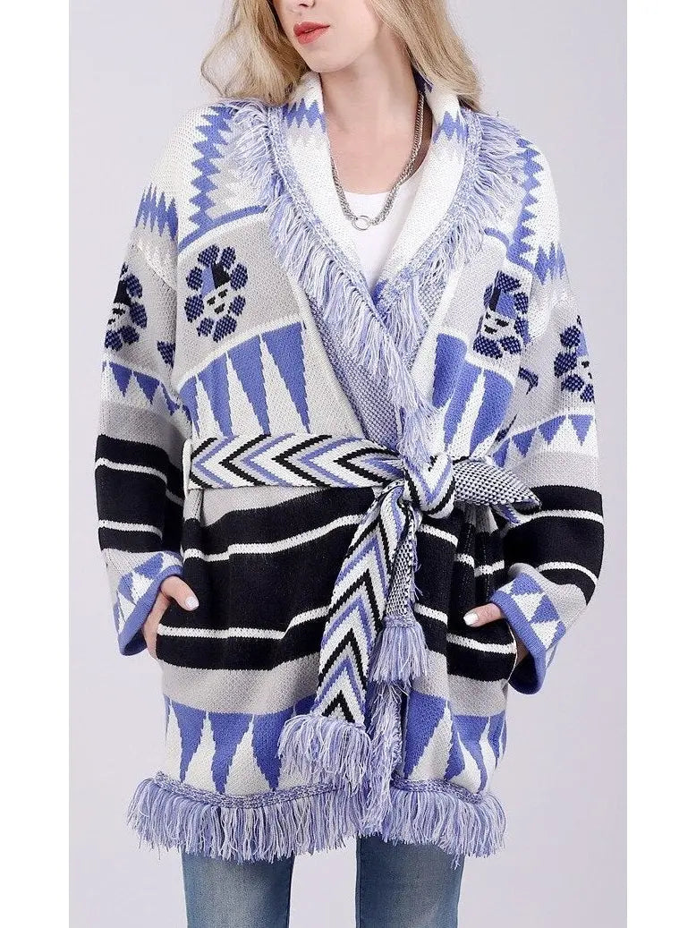 Icon Oversized Fringed Jacquard Cardigan - Sweaters & Knitwear