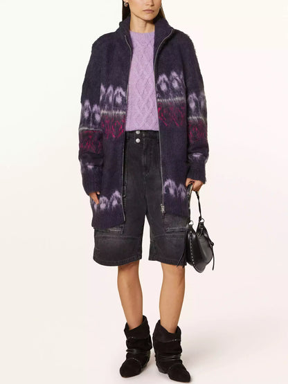 Open-front, patterned, fuzzy Intarsia Front-Zip Mohair Cardigan Coat for cozy style