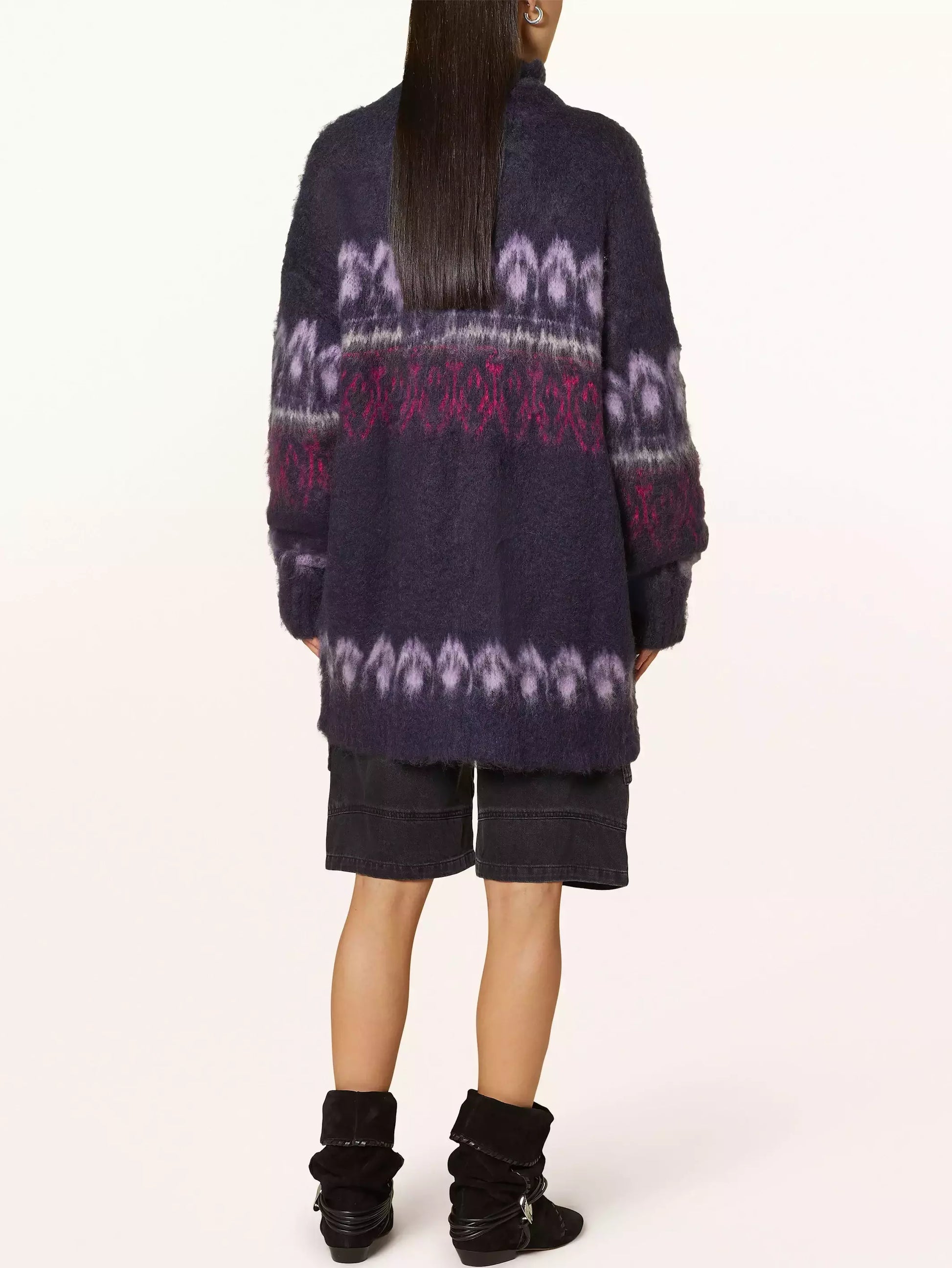 Open-front patterned fuzzy Intarsia Front-Zip Mohair Cardigan Coat for cozy style