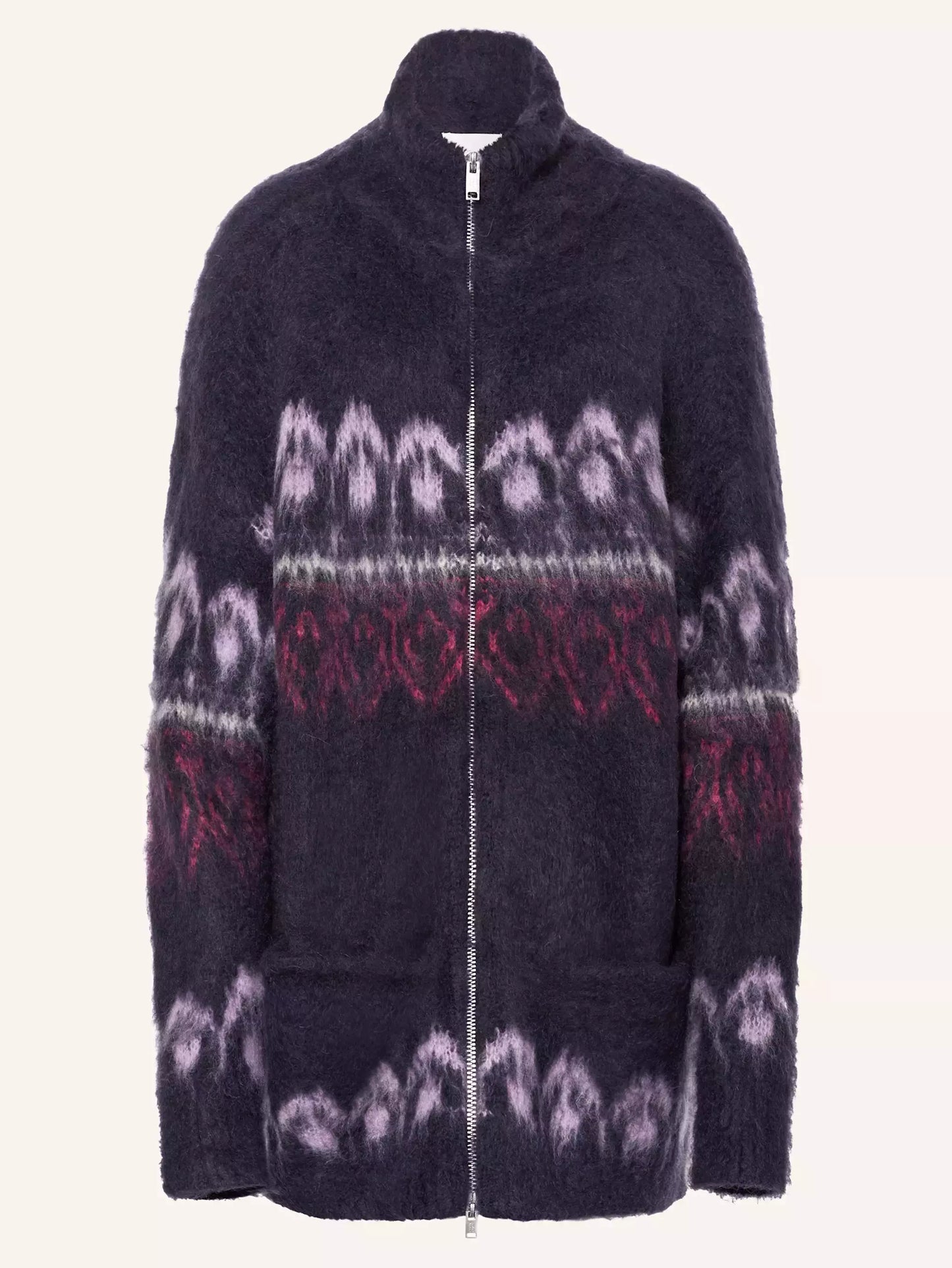Open-front patterned fuzzy Intarsia Front-Zip Mohair Cardigan Coat for cozy style