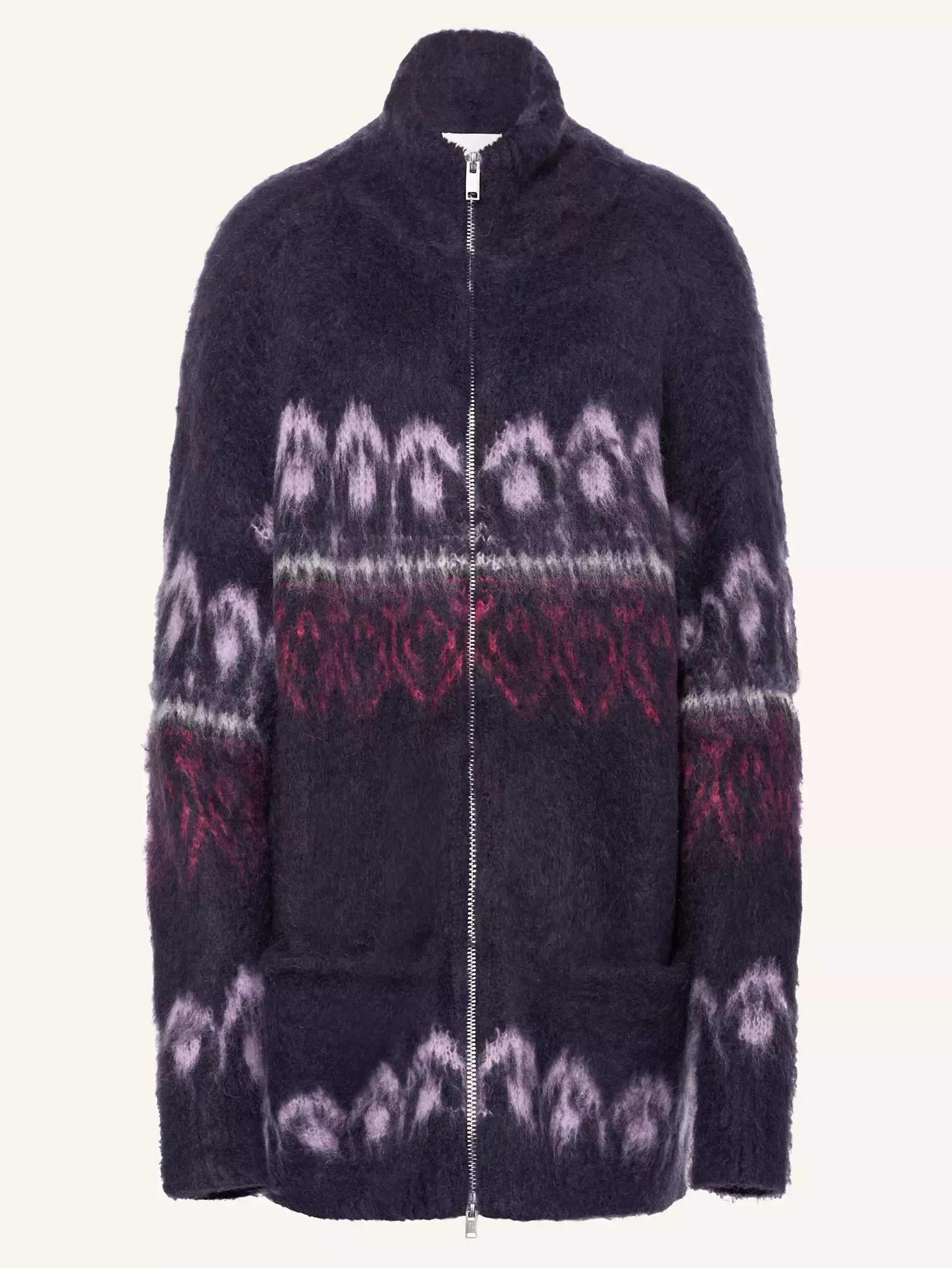 Open-front patterned fuzzy Intarsia Front-Zip Mohair Cardigan Coat for cozy style