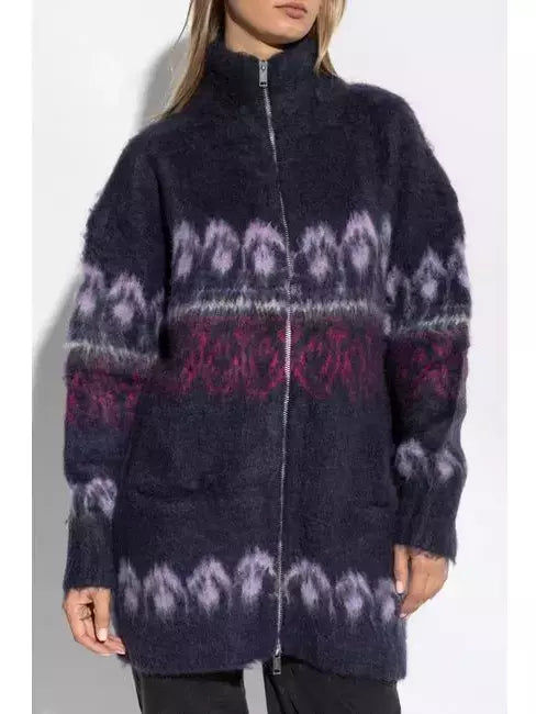 Patterned fuzzy Intarsia Front-Zip Mohair Cardigan Coat for stylish warmth