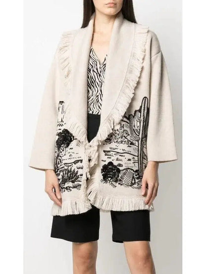 Intarsia Knit Fringed Cardigan Coat - Sweaters & Knitwear