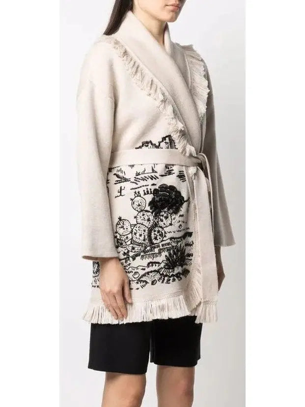 Intarsia Knit Fringed Cardigan Coat - Sweaters & Knitwear