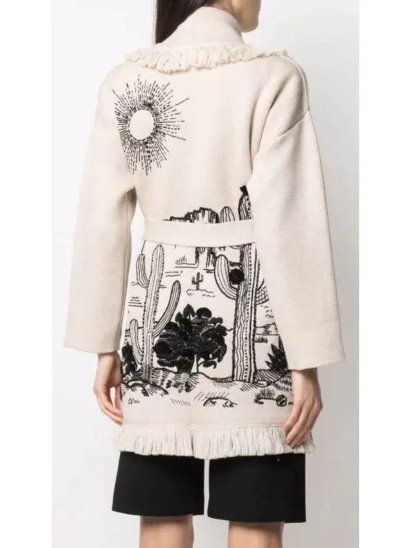 Intarsia Knit Fringed Cardigan Coat - Sweaters & Knitwear