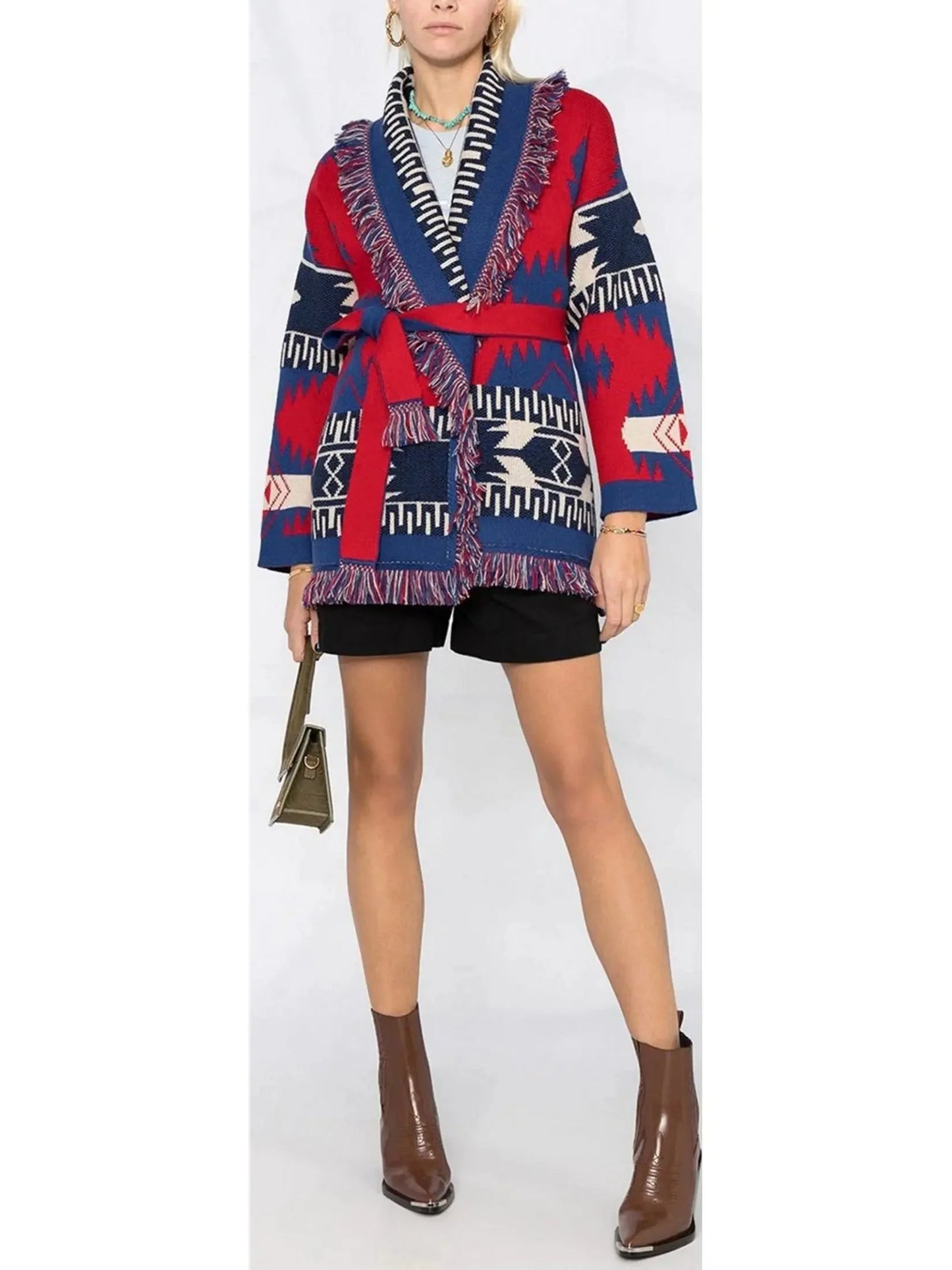 Intarsia Pattern Icon Fringed Cardigan Coat - small - Sweaters & Knitwear