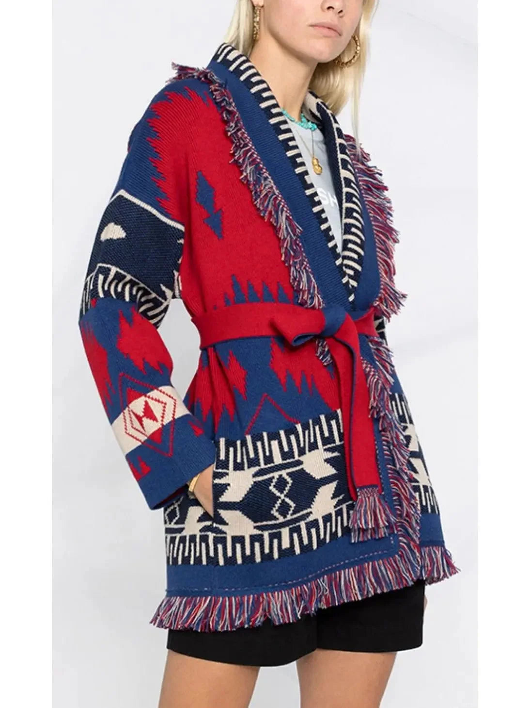 Intarsia Pattern Icon Fringed Cardigan Coat - Sweaters & Knitwear