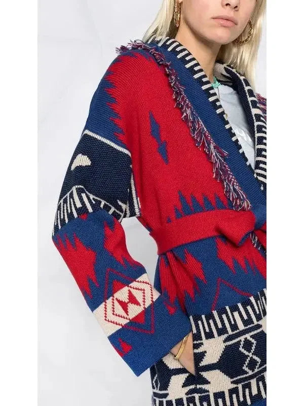 Intarsia Pattern Icon Fringed Cardigan Coat - Sweaters & Knitwear