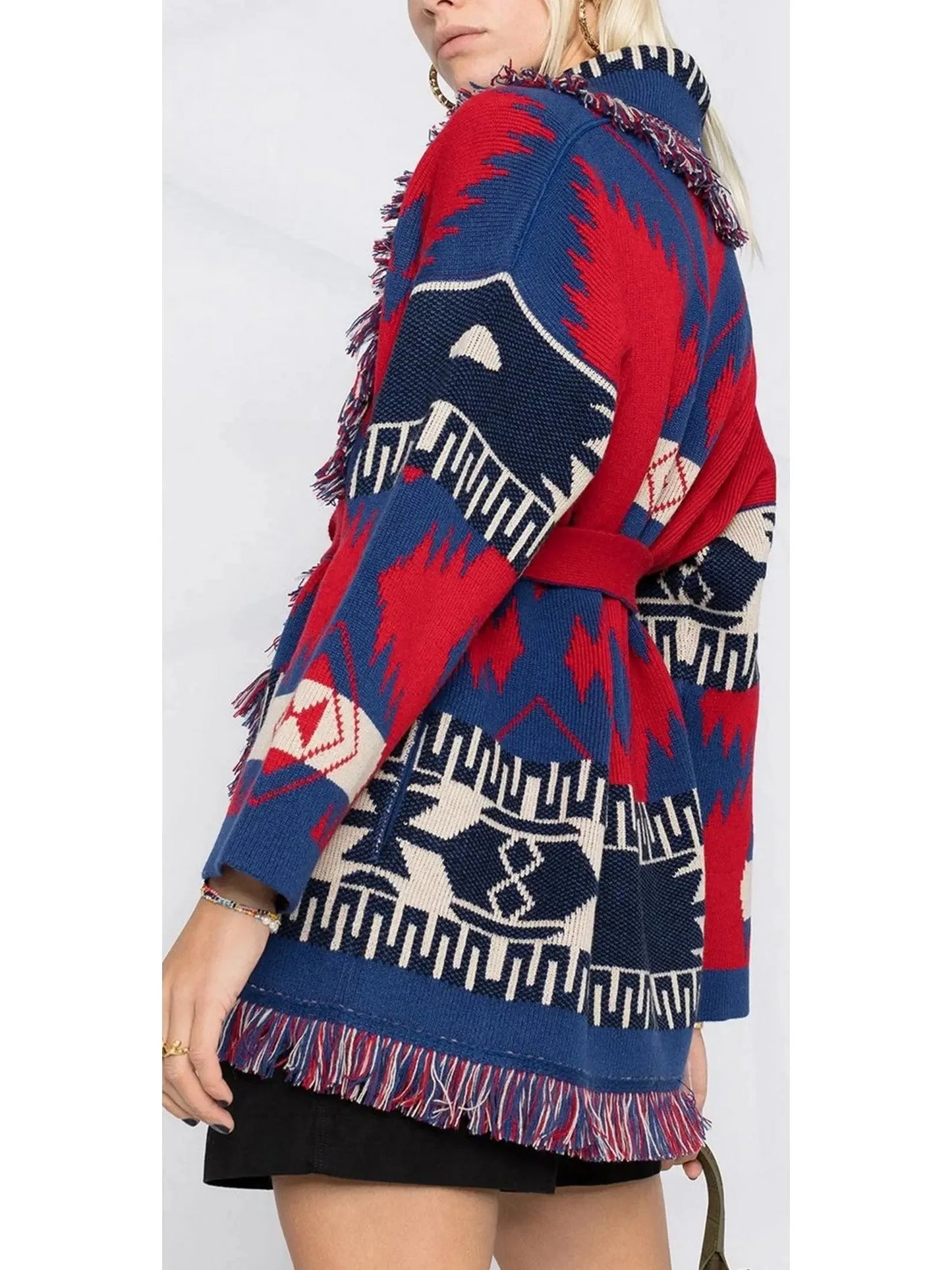 Intarsia Pattern Icon Fringed Cardigan Coat - Sweaters & Knitwear