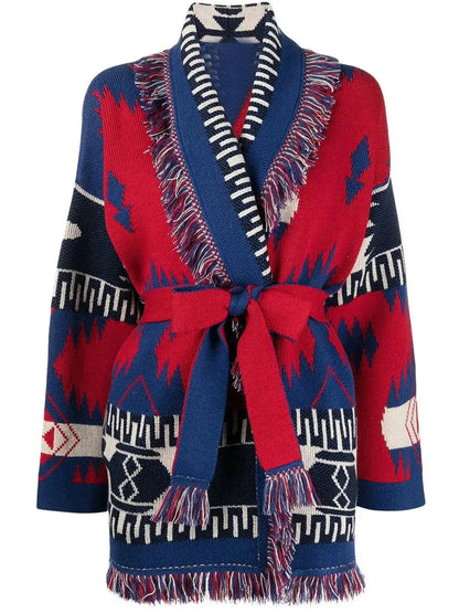 Intarsia Pattern Icon Fringed Cardigan Coat - Sweaters & Knitwear