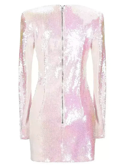 Iridescent All-Over Sequin Long Sleeve Mini Dress - Dresses