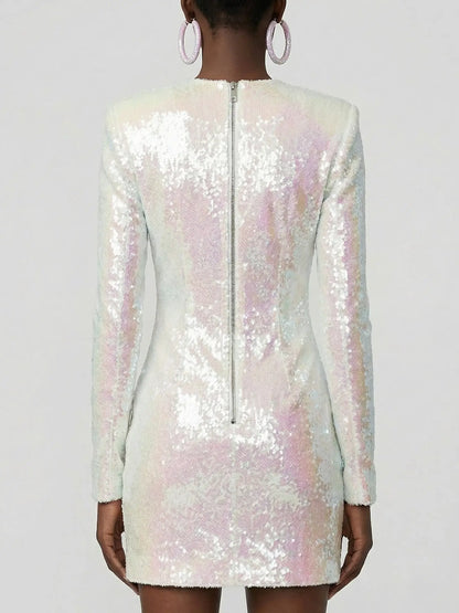 Iridescent All-Over Sequin Long Sleeve Mini Dress - Dresses