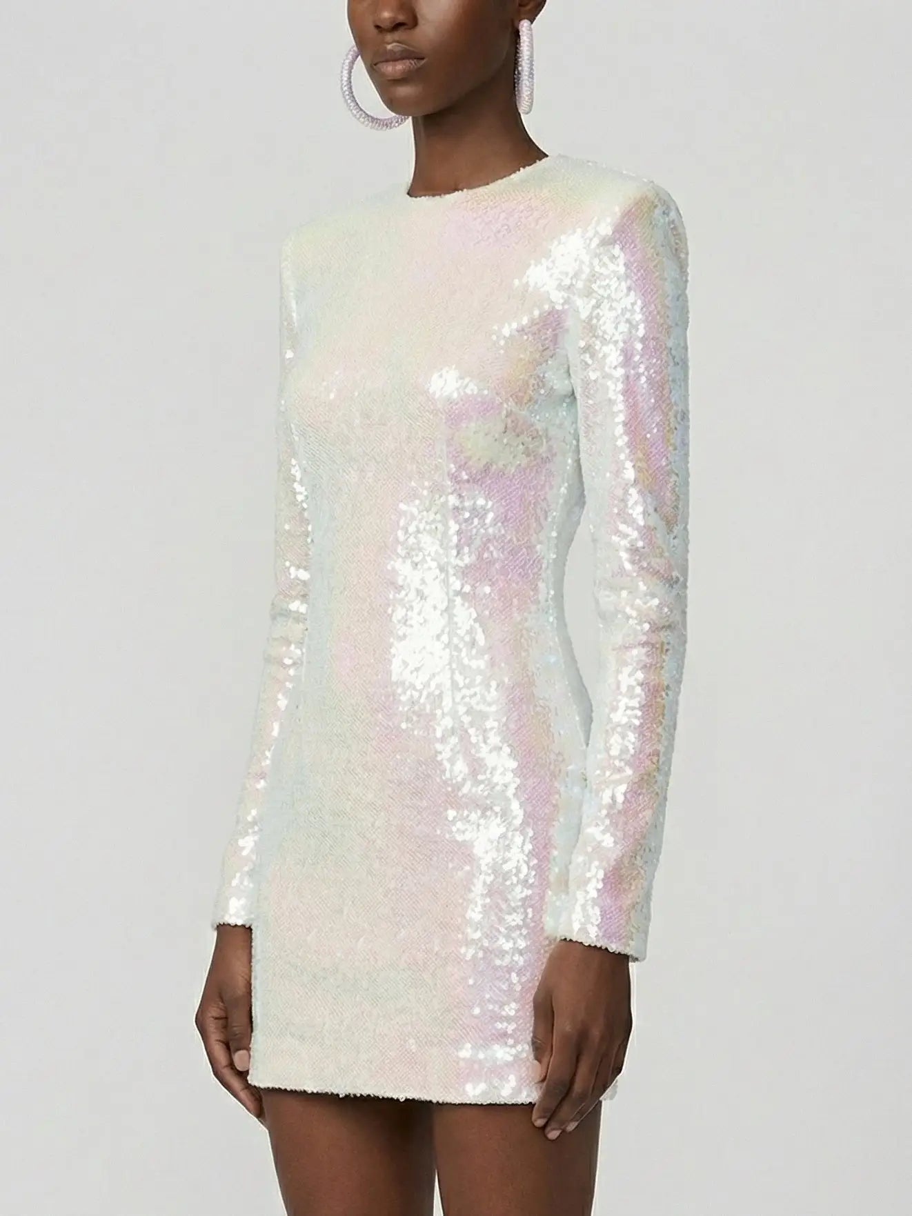 Iridescent All-Over Sequin Long Sleeve Mini Dress - Dresses