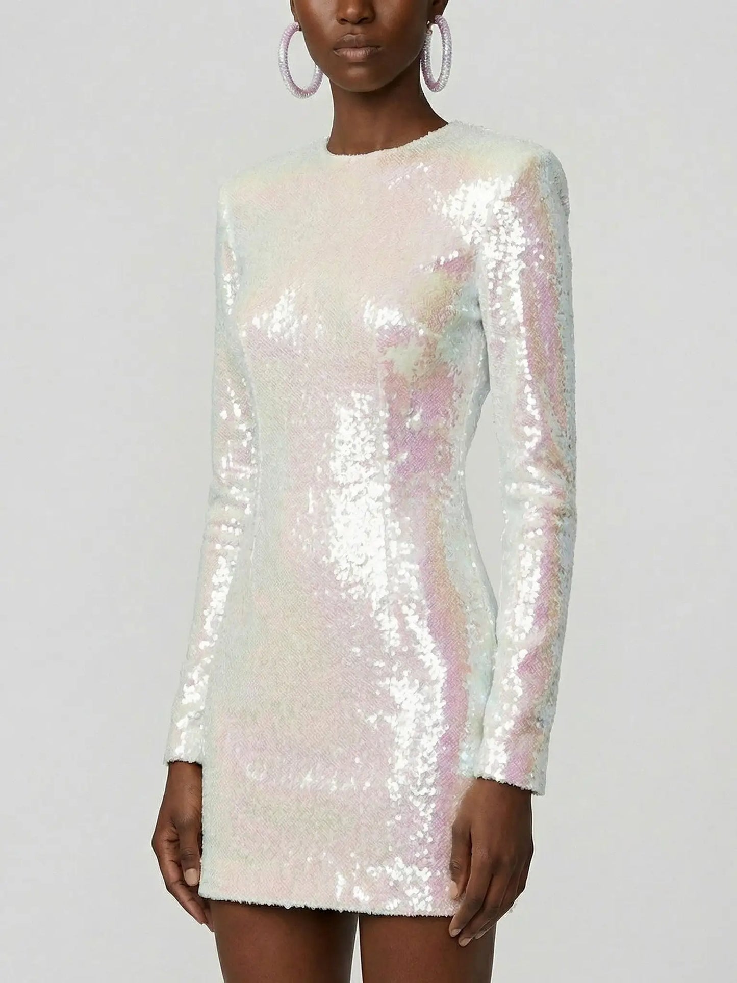 Iridescent All-Over Sequin Long Sleeve Mini Dress - Dresses