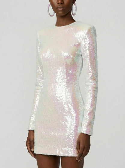 Iridescent All-Over Sequin Long Sleeve Mini Dress - Dresses
