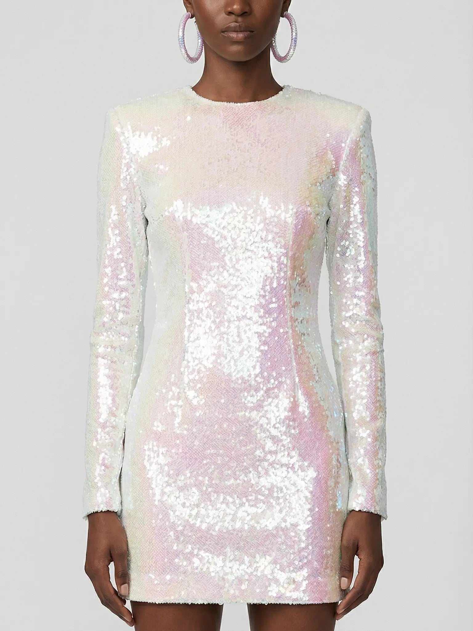 Iridescent All-Over Sequin Long Sleeve Mini Dress - Dresses