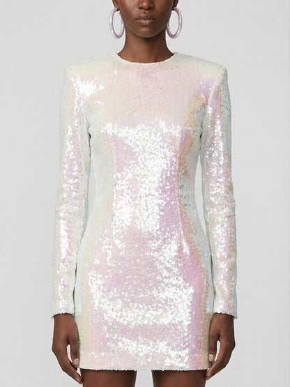 Iridescent All-Over Sequin Long Sleeve Mini Dress - Dresses