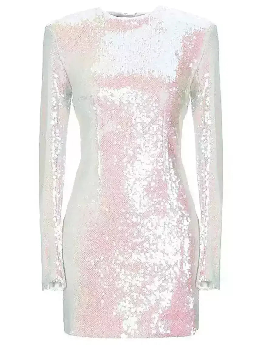 Iridescent All-Over Sequin Long Sleeve Mini Dress - Dresses