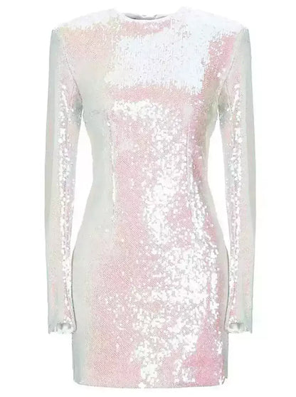 Iridescent All-Over Sequin Long Sleeve Mini Dress - Dresses
