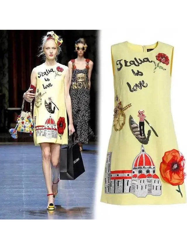 Italia is Love Embellished Mini Shift dress in Yellow - Dresses