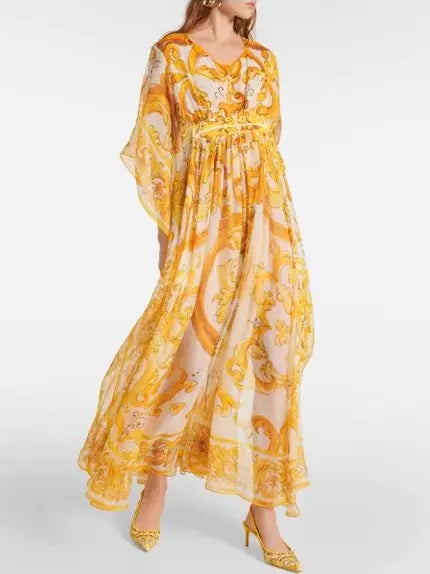 Italian Printed Backless Long Chiffon Dress - Dresses