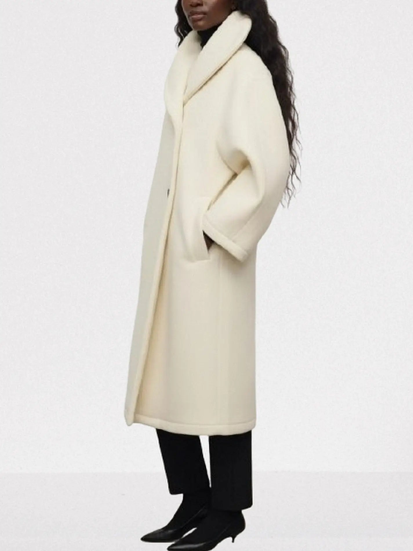 Ivory Long Wool Shawl-Collar Coat - Coats
