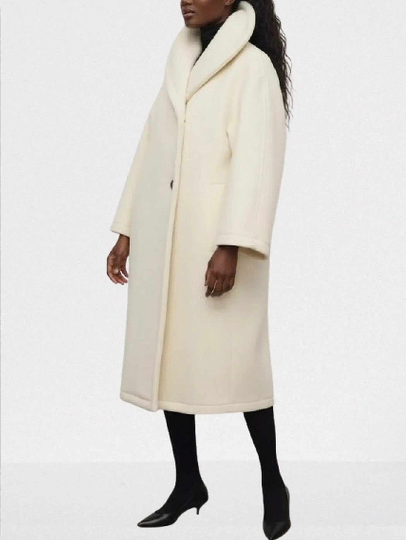 Ivory Long Wool Shawl-Collar Coat - Coats