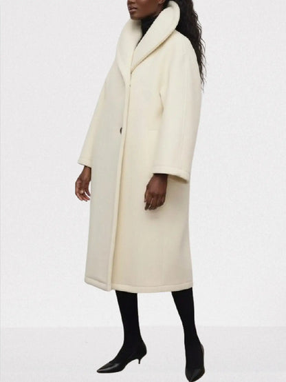 Ivory Long Wool Shawl-Collar Coat - Coats