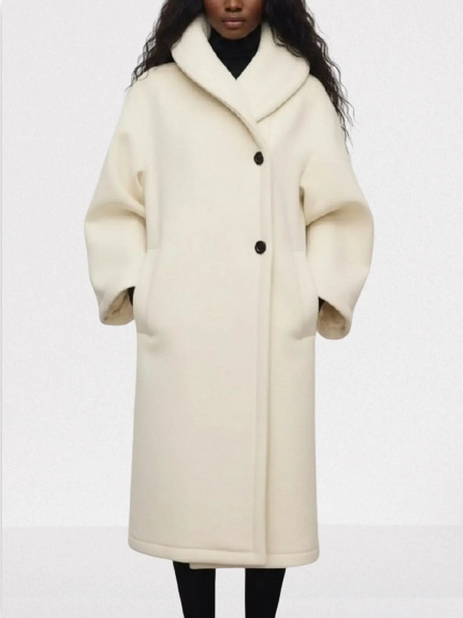 Ivory Long Wool Shawl-Collar Coat - Coats