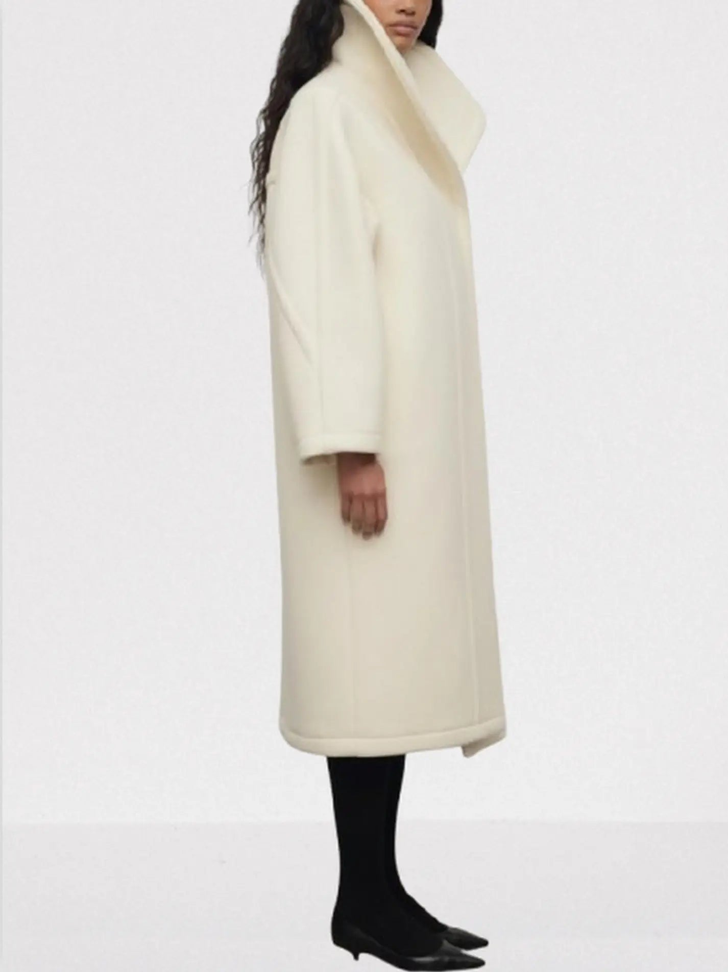 Ivory Long Wool Shawl-Collar Coat - Coats