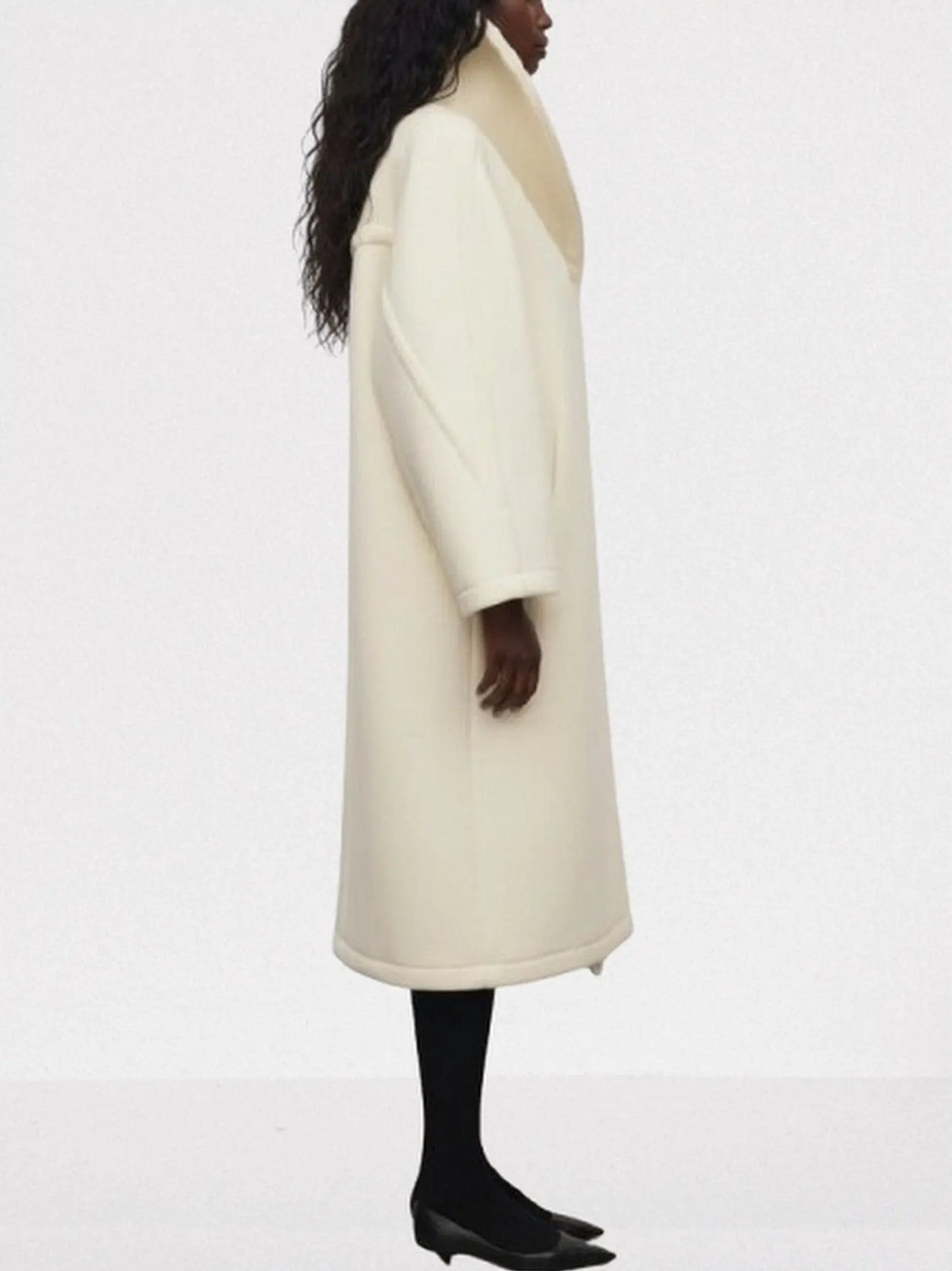 Ivory Long Wool Shawl-Collar Coat - Coats