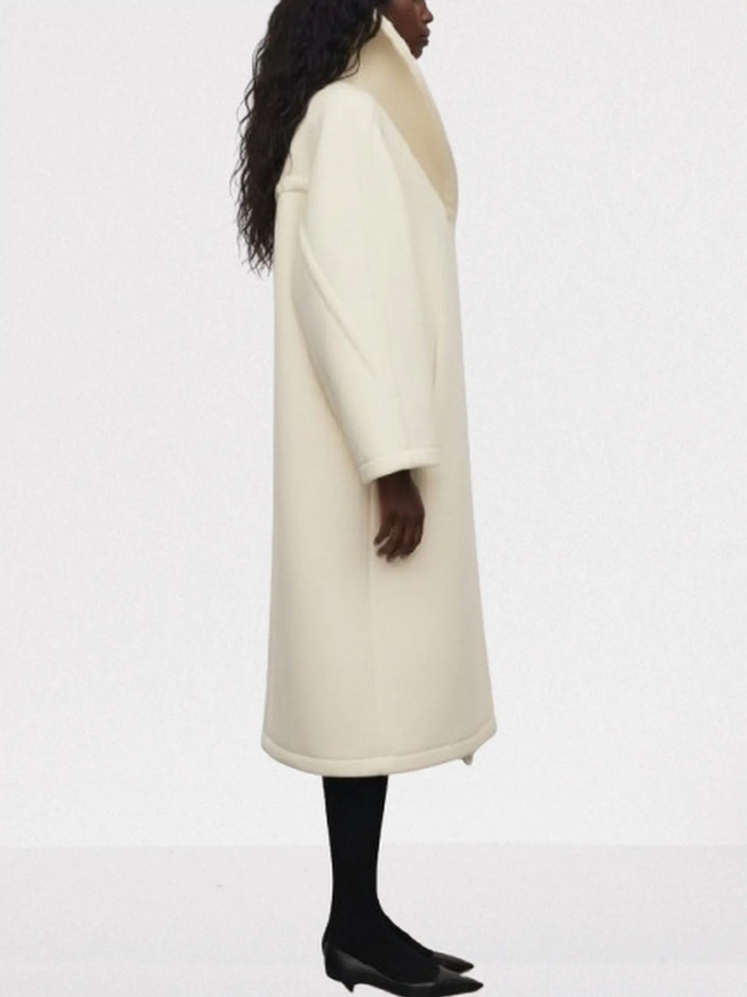 Ivory Long Wool Shawl-Collar Coat - Coats