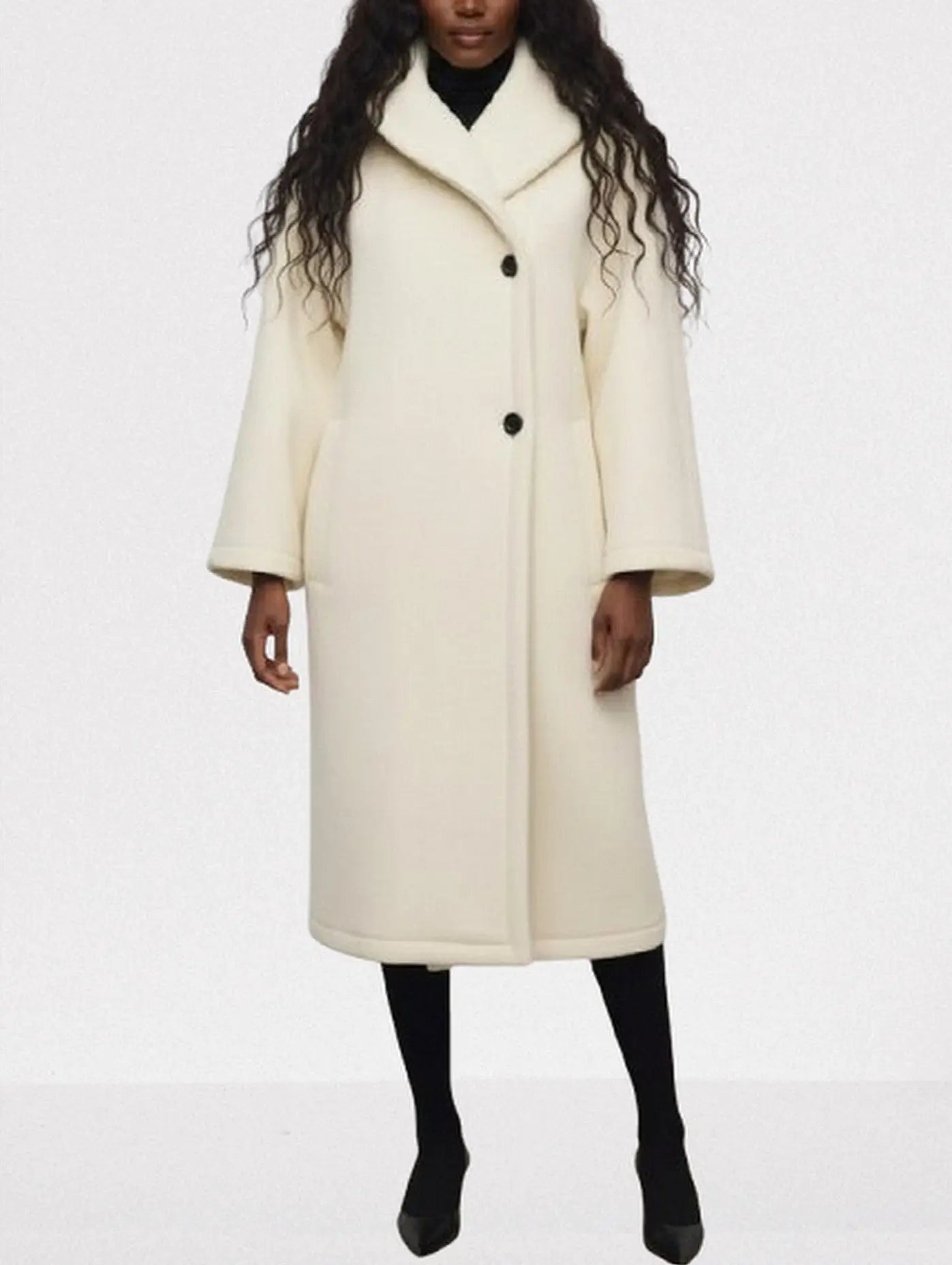 Ivory Long Wool Shawl-Collar Coat - Coats
