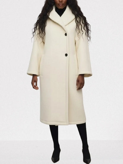 Ivory Long Wool Shawl-Collar Coat - Coats