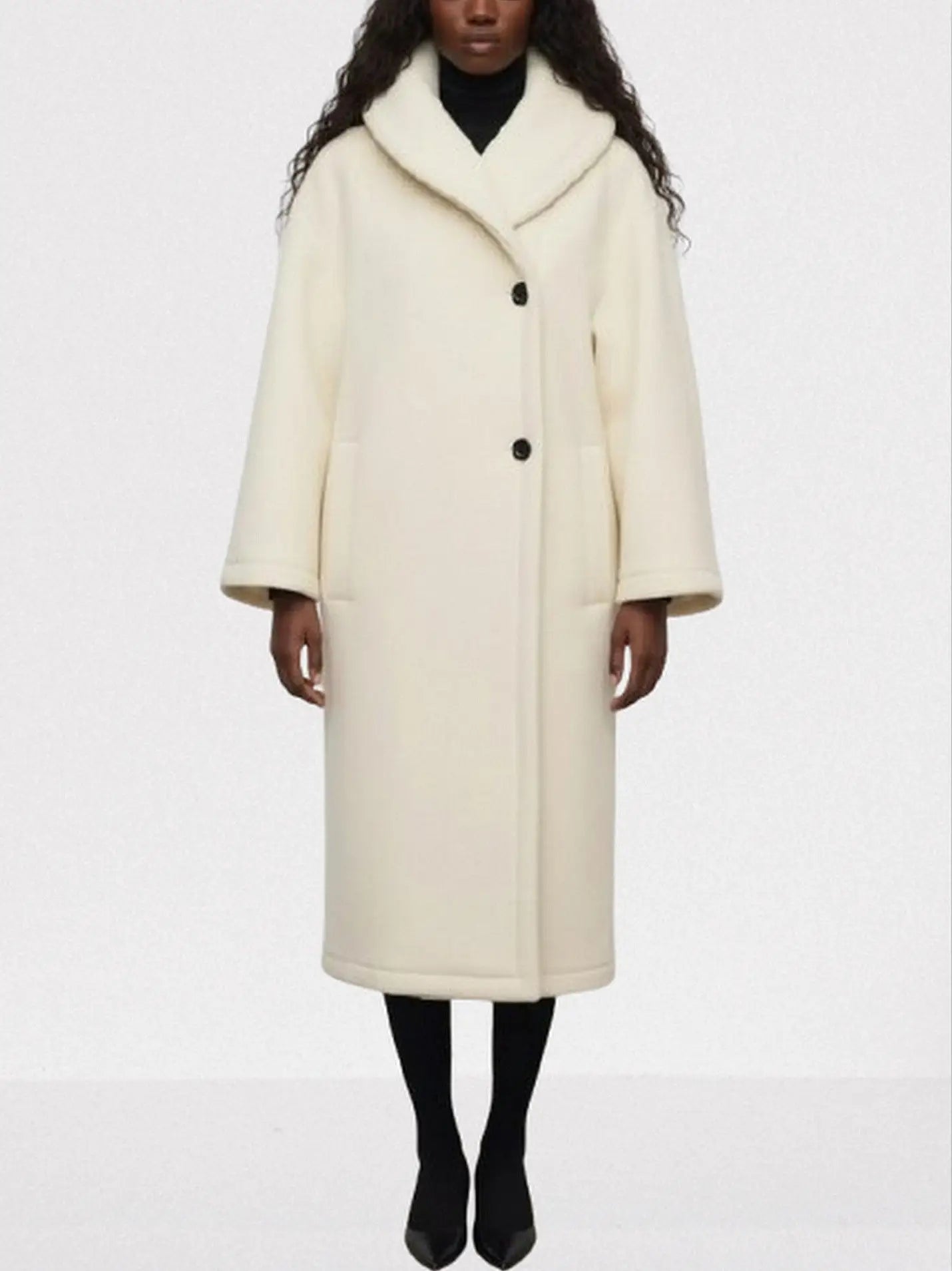 Ivory Long Wool Shawl-Collar Coat - Small - Coats
