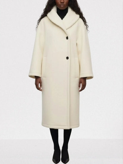 Ivory Long Wool Shawl-Collar Coat - Small - Coats
