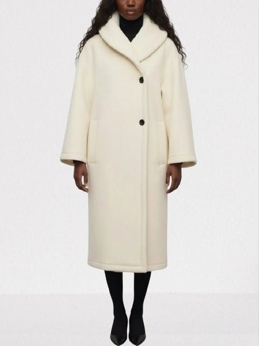 Ivory Long Wool Shawl-Collar Coat - Small - Coats